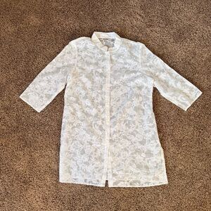 Vintage Sheer White Floral Fabric Buttoned Tunic Top By UNITS Size PXL